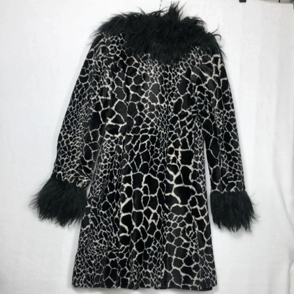 Rare Vintage Betsey Johnson Mongolian Faux Fur Animal Print 90s Y2k Trench Coat - Picture 9 of 16